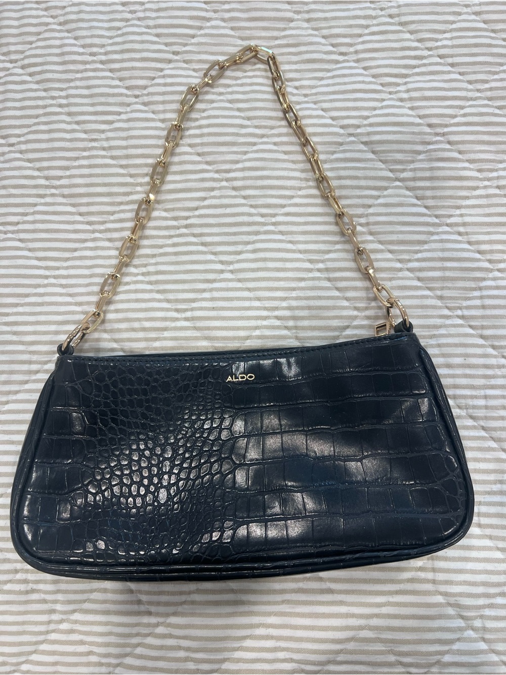 Aldo Black Croc-Embossed Shoulder Bag with Gold Chain Strap